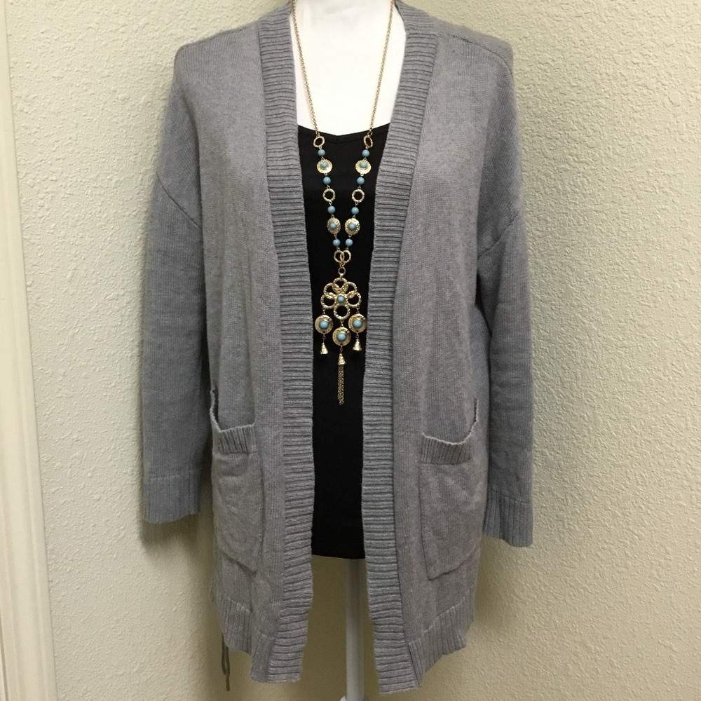 Hayes Lace Up Side Gray Open Front Cardigan